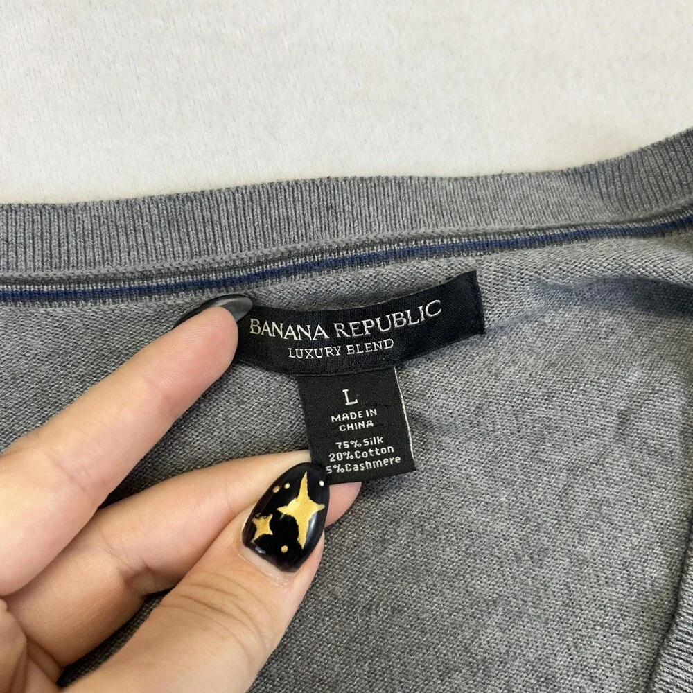 Banana Republic Sweater Mens Large Gray Silk Cotton Cashmere V Neck Pullover